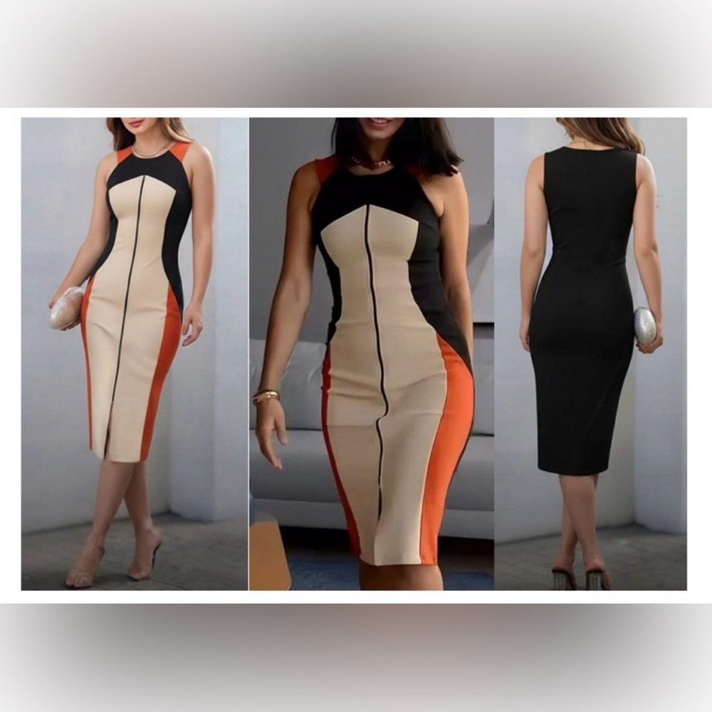 Colorblock Sheath Dress in Black, Beige & Orange